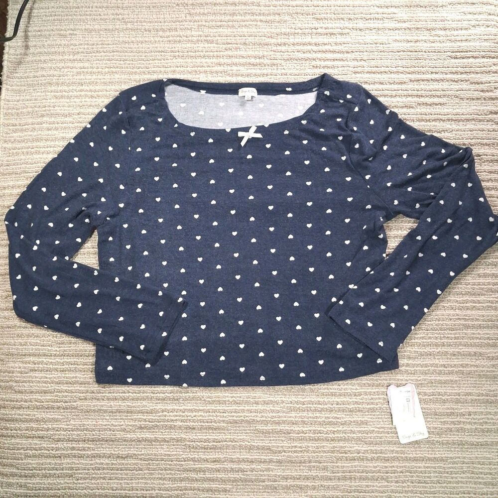 Sage & Sky Navy Blue Heart Print Long Sleeve Boat Neck Bow Top Size XL NWT
